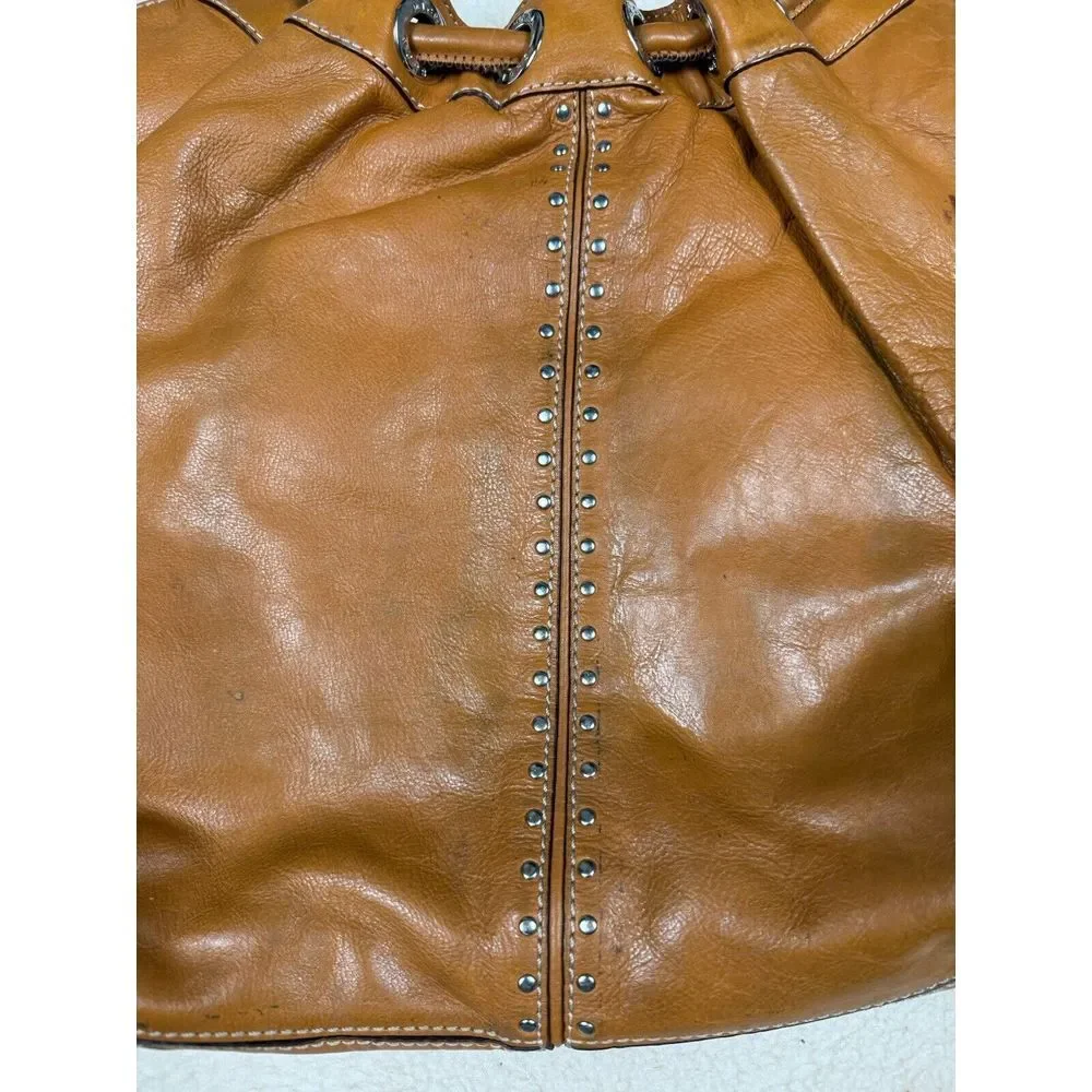 Michael Kors Brown Leather Purse Astor Studded Tote Hobo Western Cowgirl Bag‎